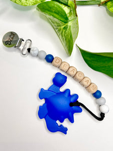 Teething Clip | PERSONALIZED Wood Letters | Dino | Blue