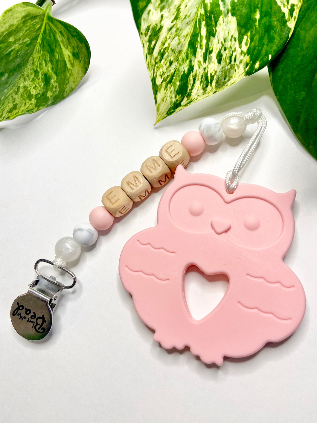 Teething Clip | PERSONALIZED Wood Letters | Owl | Soft Pink