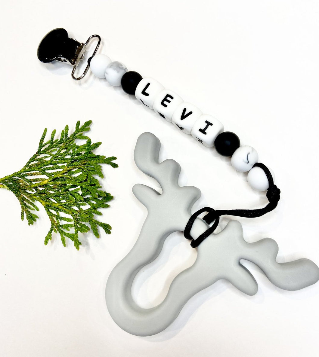 Teething Clip | PERSONALIZED Silicone Letters | Antler | Grey