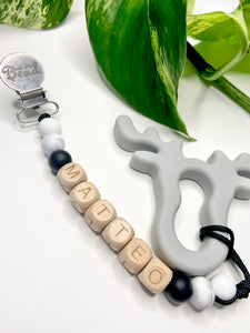 Teething Clip | PERSONALIZED Wood Letters | Antler | Grey