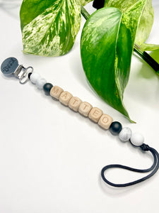 Soother Clip | PERSONALIZED Wood Letters | Black + Marble