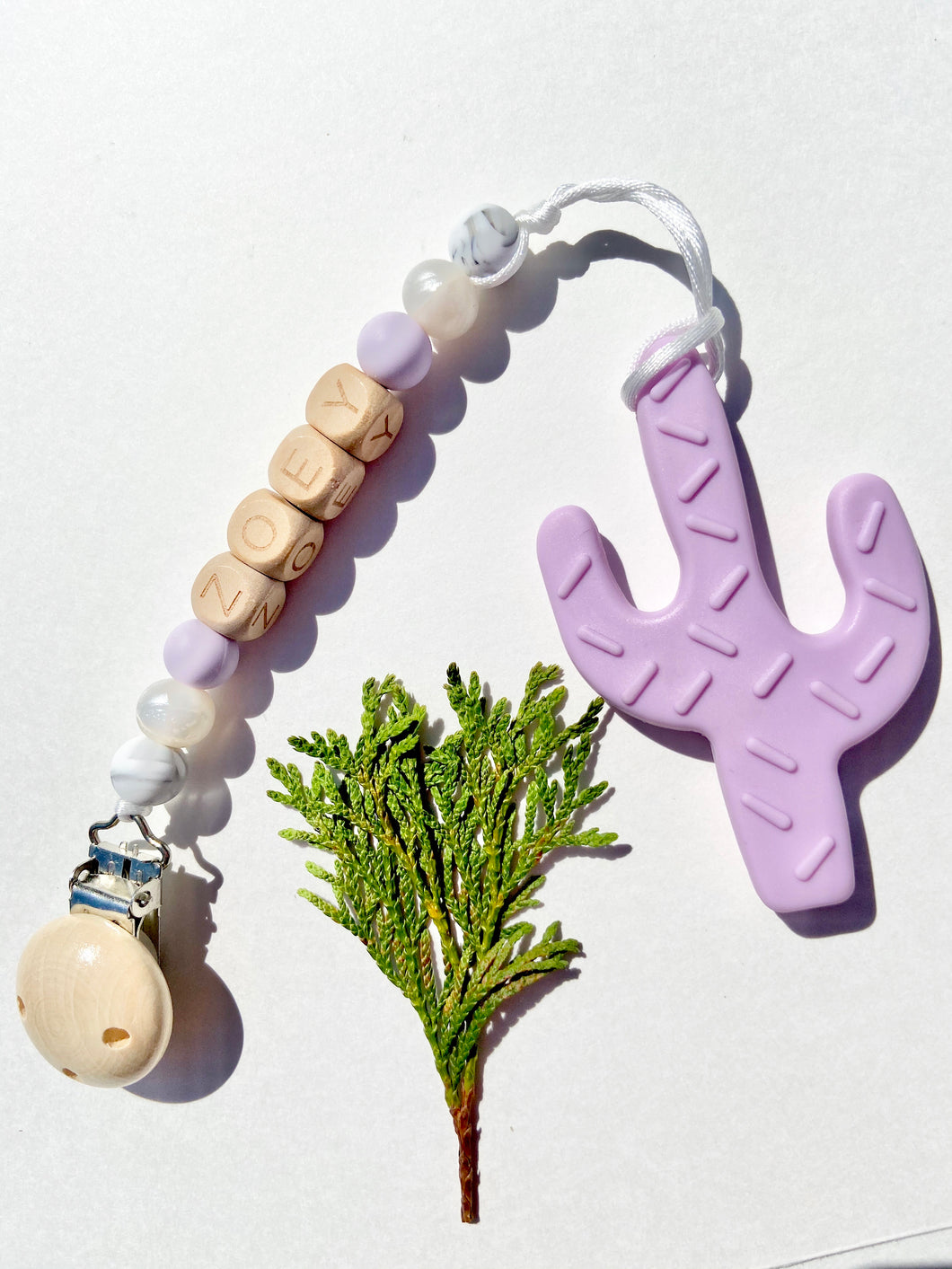 Teething Clip | PERSONALIZED Wood Letters | Cactus | Purple