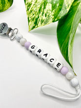 Load image into Gallery viewer, Soother Clip | PERSONALIZED Silicone Letters | Purple + Pearl
