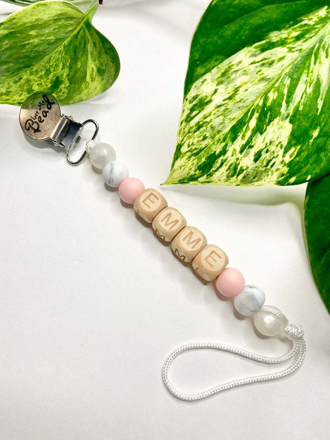 Soother Clip | PERSONALIZED Wood Letters | Soft Pink + Pearl