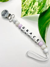 Load image into Gallery viewer, Soother Clip | PERSONALIZED Silicone Letters | Purple + Pearl

