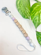 Load image into Gallery viewer, Soother Clip | PERSONALIZED Wood Letters | Purple + Pearl
