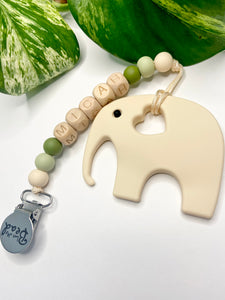 Teething Clip | PERSONALIZED Wood Letters | Elephant | Wheat