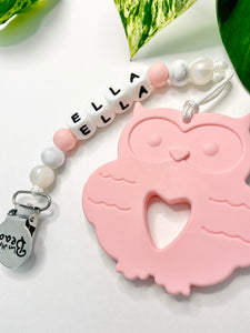 Teething Clip | PERSONALIZED Silicone Letters | Owl | Soft Pink